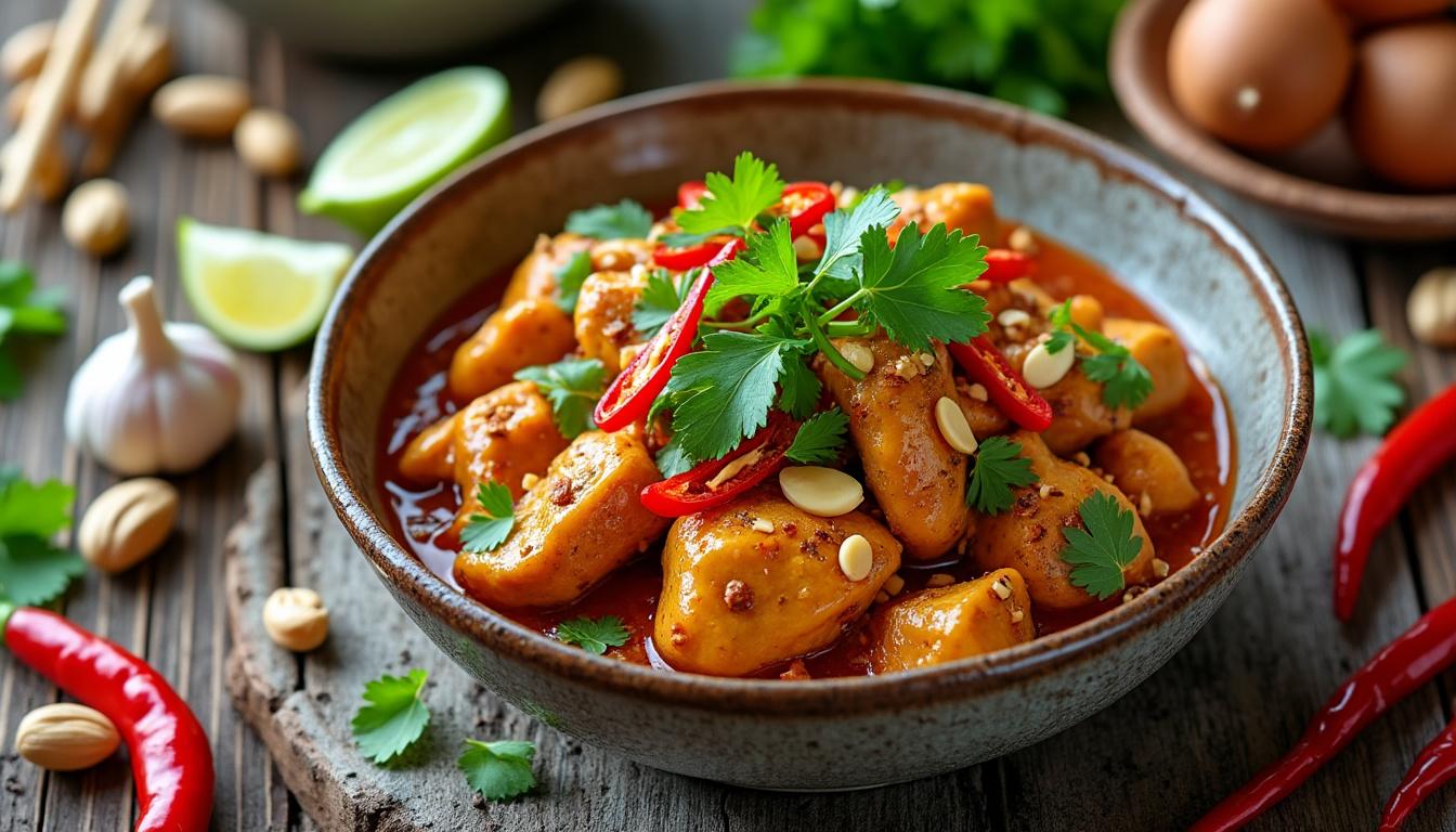 découvrez une recette thaïlandaise facile et rapide de poulet aux cacahuètes, parfaite pour un repas savoureux et exotique en un rien de temps.
