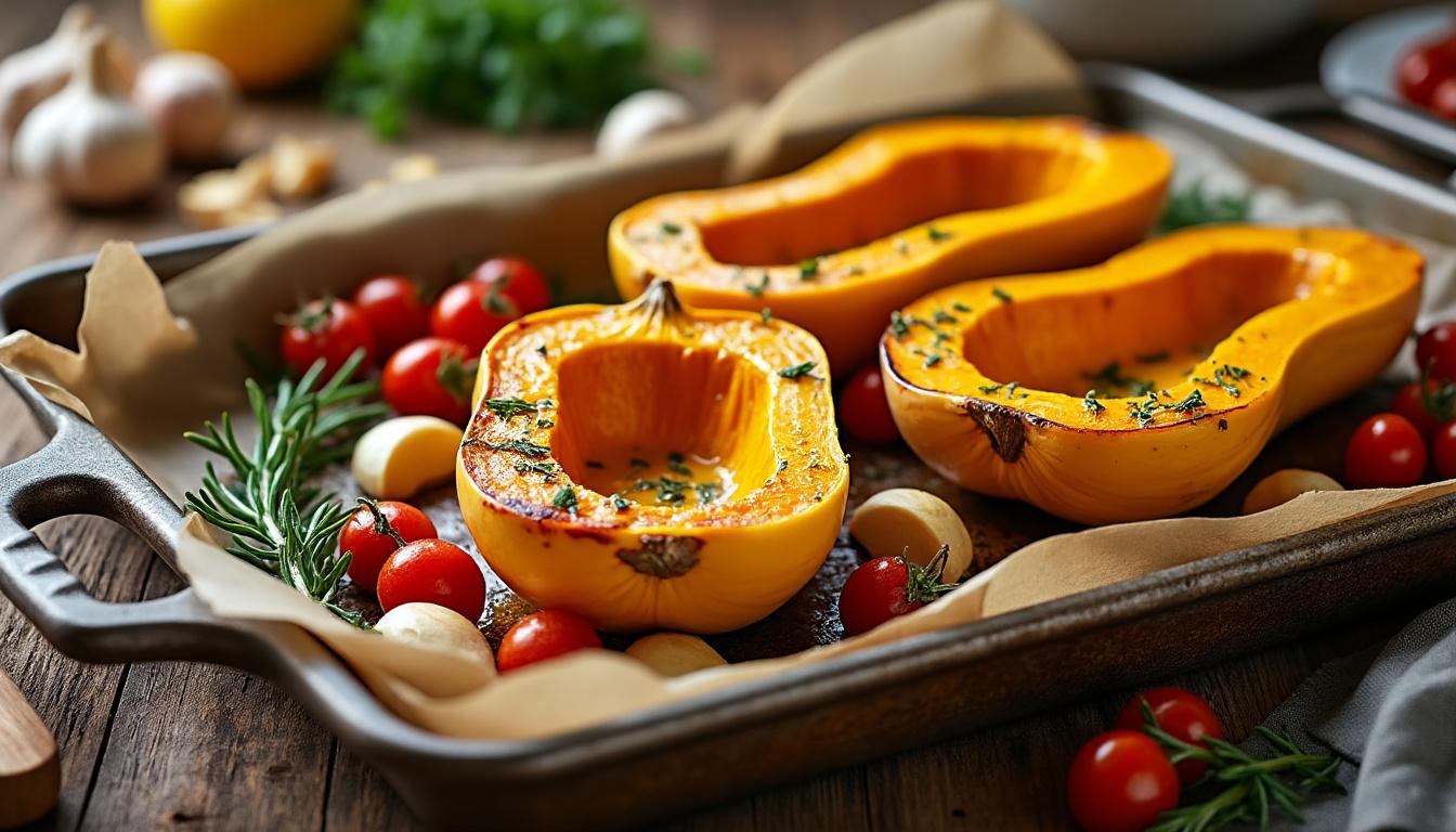 découvrez notre recette simple et savoureuse d'accompagnement de butternut au four, parfaite pour un repas gourmand et facile à préparer.