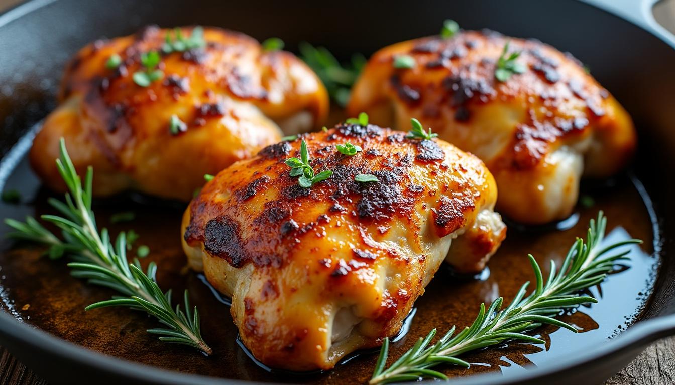 découvrez notre recette facile de cuisses de poulet au four pour une peau bien dorée et croustillante, idéale pour un repas savoureux et rapide.