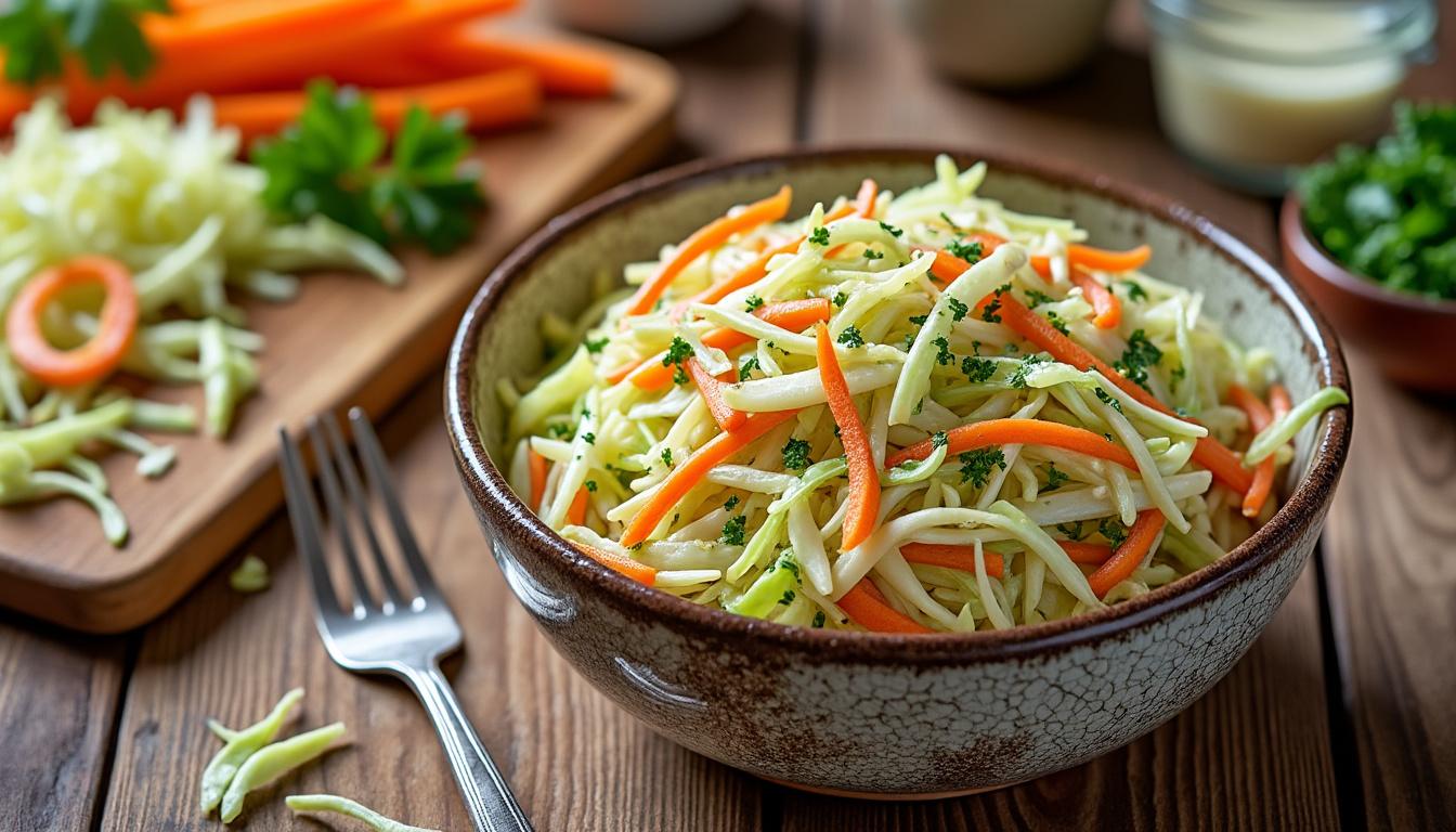 découvrez notre recette traditionnelle de coleslaw, une salade fraîche et croquante de chou et carottes, simple à préparer pour accompagner tous vos repas.