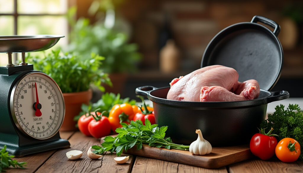 découvrez le temps de cuisson idéal du chapon en cocotte en fonte selon son poids pour une viande tendre et savoureuse à chaque fois.