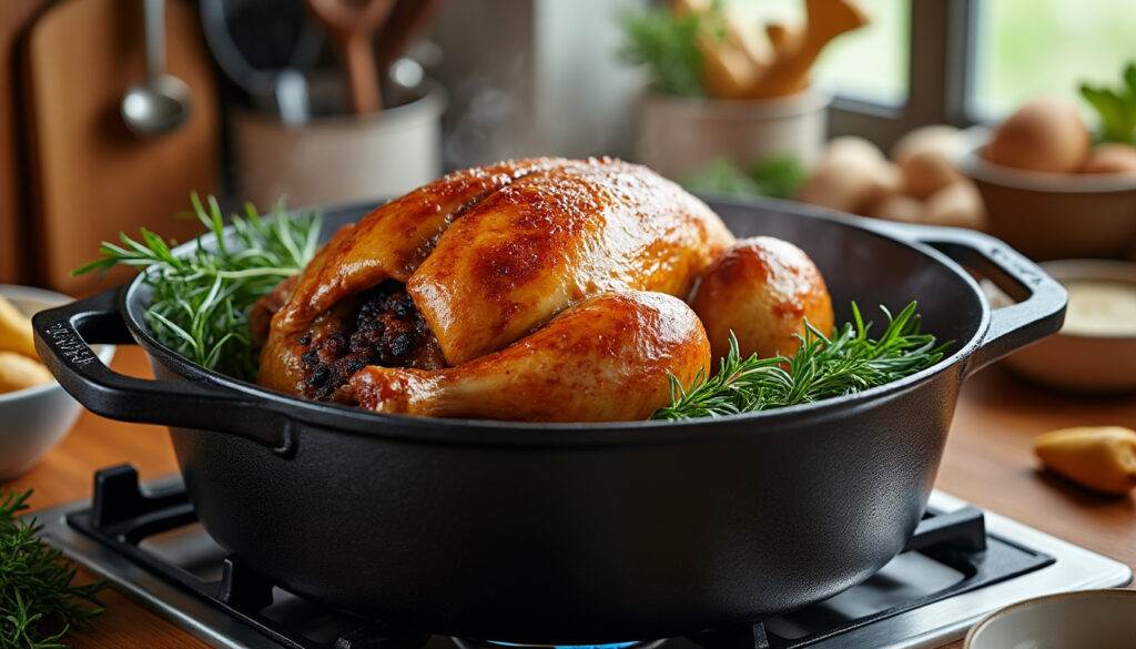 découvrez notre recette facile de chapon en cocotte sans utiliser de four, avec le temps de cuisson idéal pour une viande tendre et savoureuse.