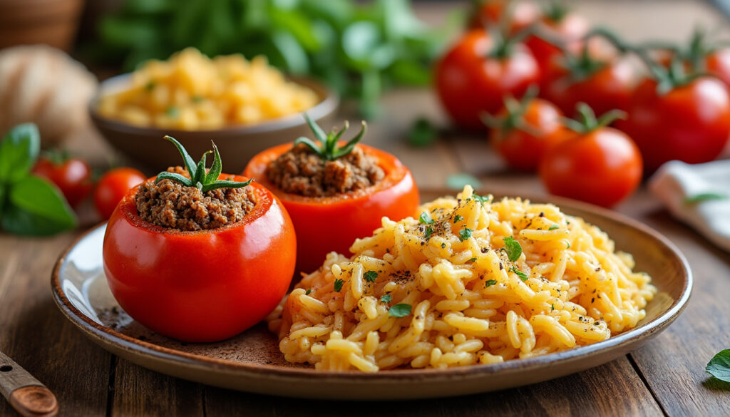 découvrez une recette facile et savoureuse de tomates farcies accompagnées de riz au four, parfaite pour un repas gourmand et convivial.