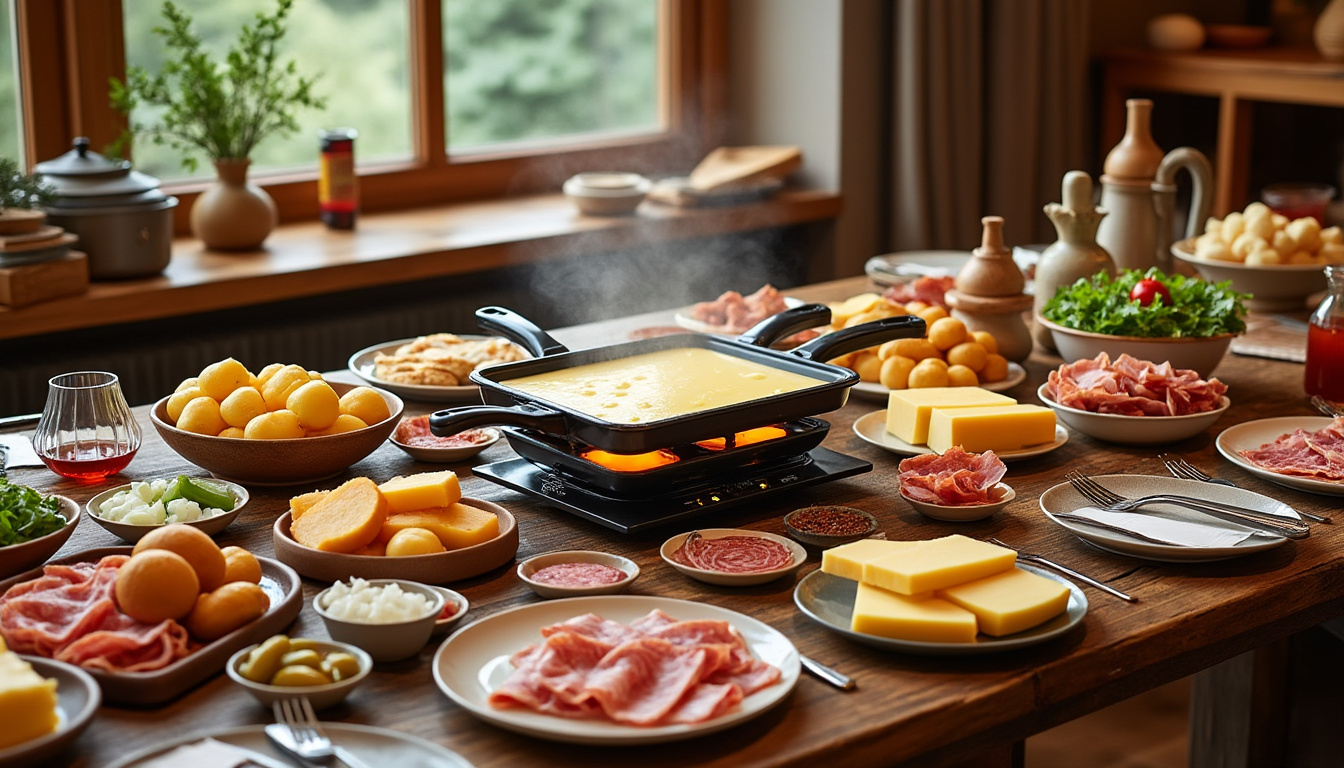 préparez une raclette pour 10 personnes sans rien oublier : quantités de fromage, charcuterie, pommes de terre et accompagnements dans une liste pratique.